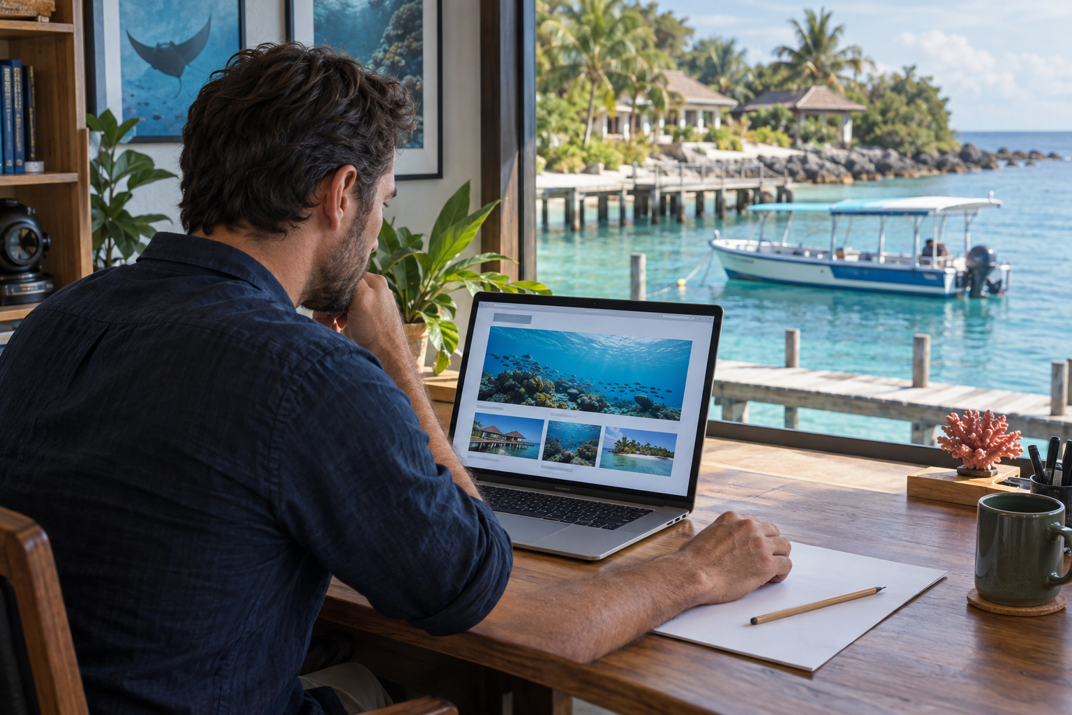 Dive resort manager reviewing a website and an evidence checklist beside a shoreline view