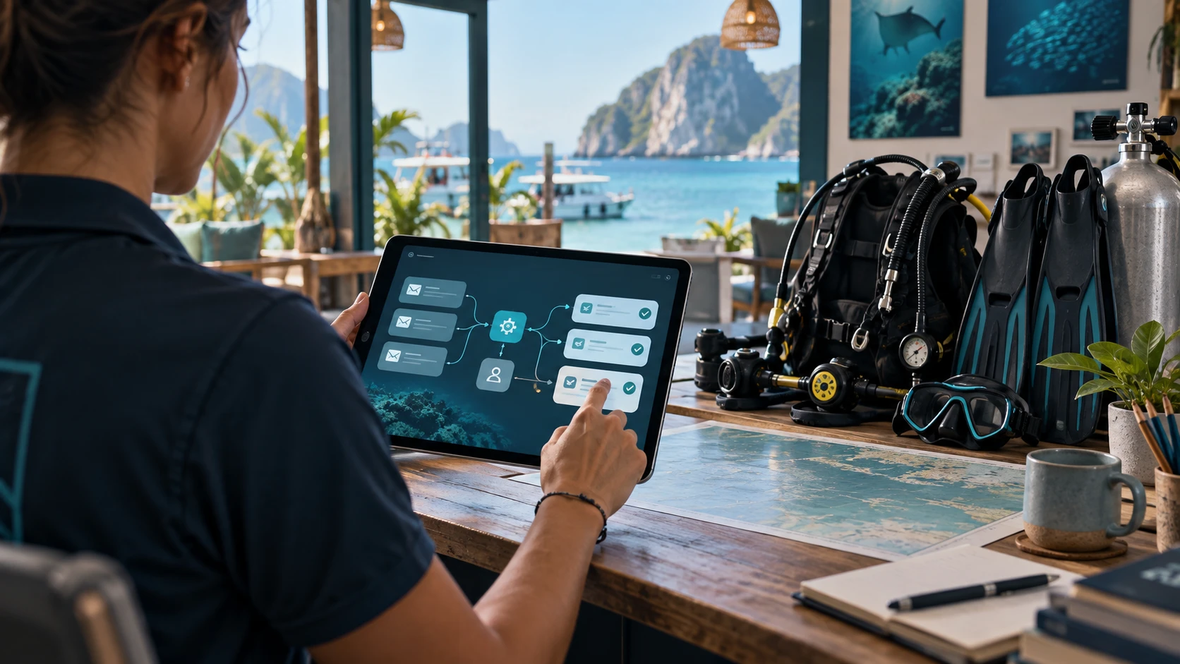Dive center staff member reviewing an enquiry workflow on a tablet beside scuba equipment and a tropical waterfront.