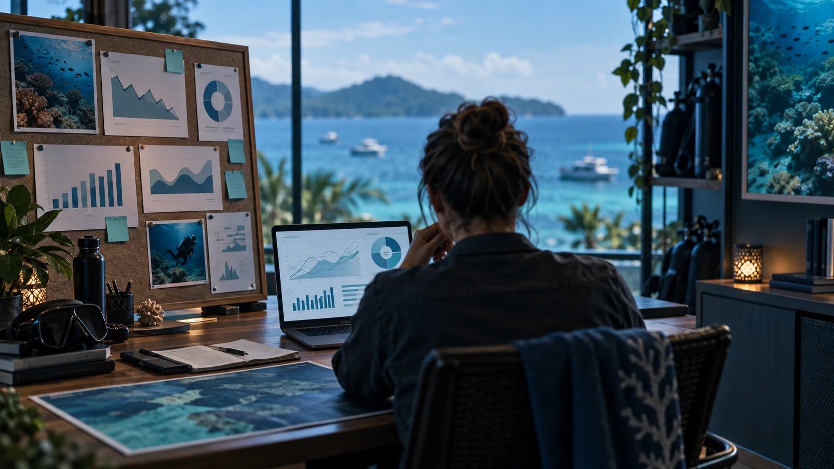 Dive center manager reviewing a website content decay audit beside the ocean.