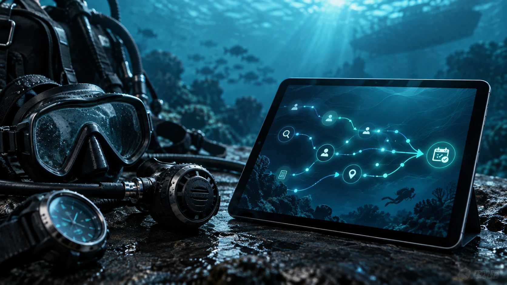 Dive center website analytics visualized on a tablet beside diving equipment.