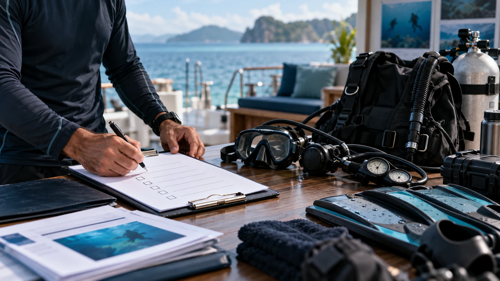 Dive instructor preparing course documents and scuba equipment for a training session.