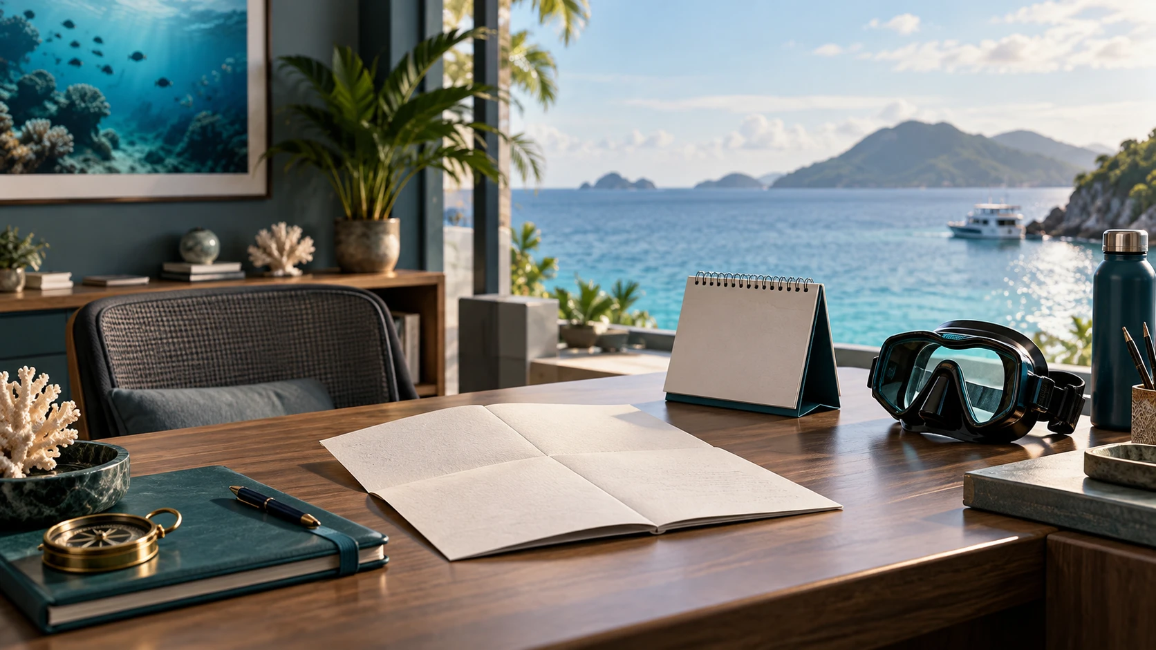 Dive travel booking desk showing a clear cancellation and rebooking process beside diving equipment.
