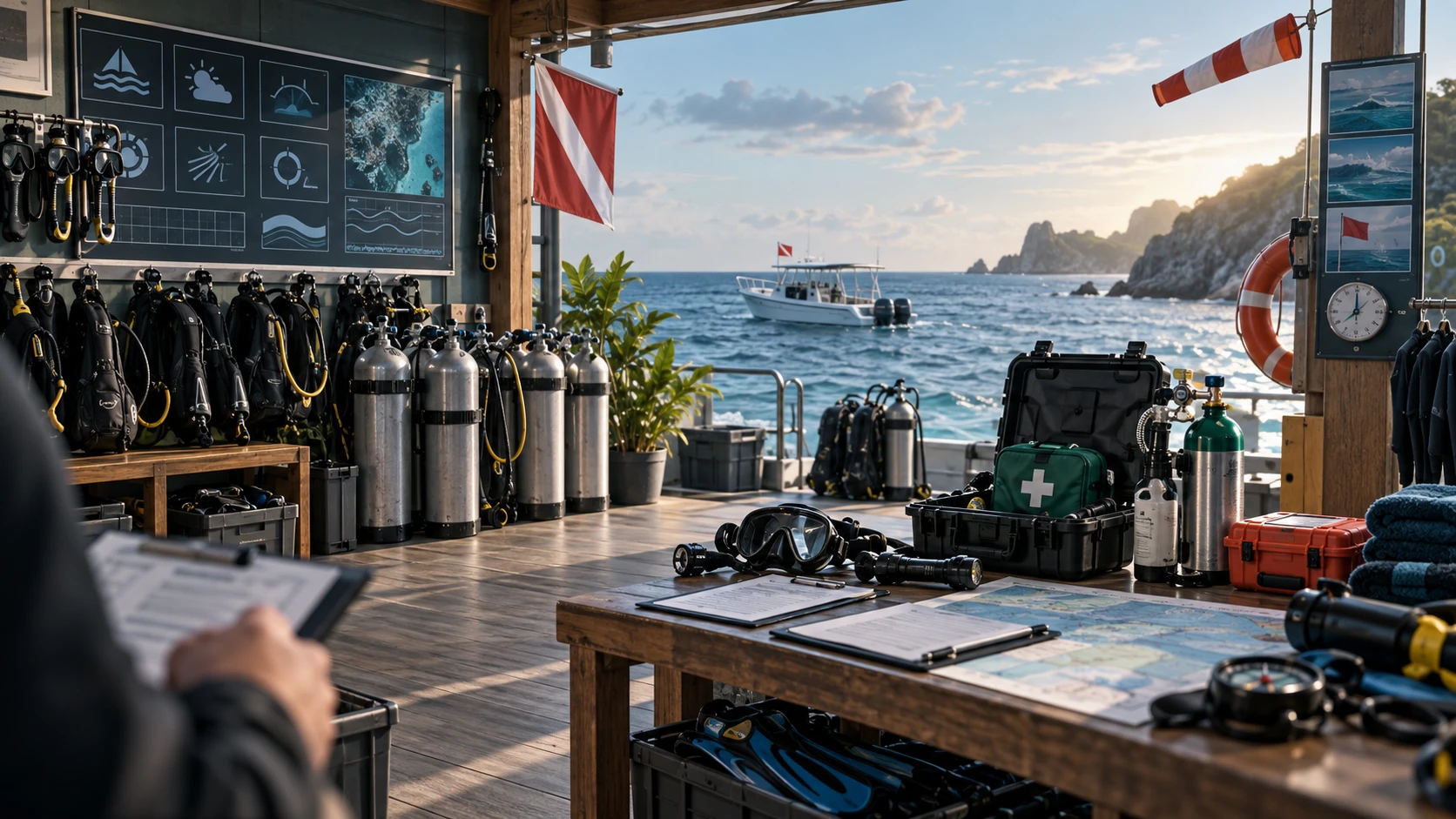 Dive center safety briefing materials and scuba equipment prepared before a dive trip.