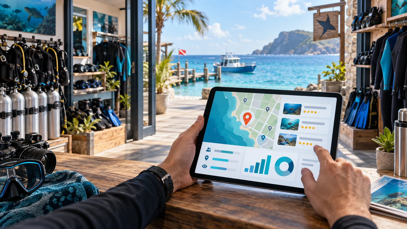 Person reviewing a map, reviews, and location analytics on a tablet inside a seaside dive shop.