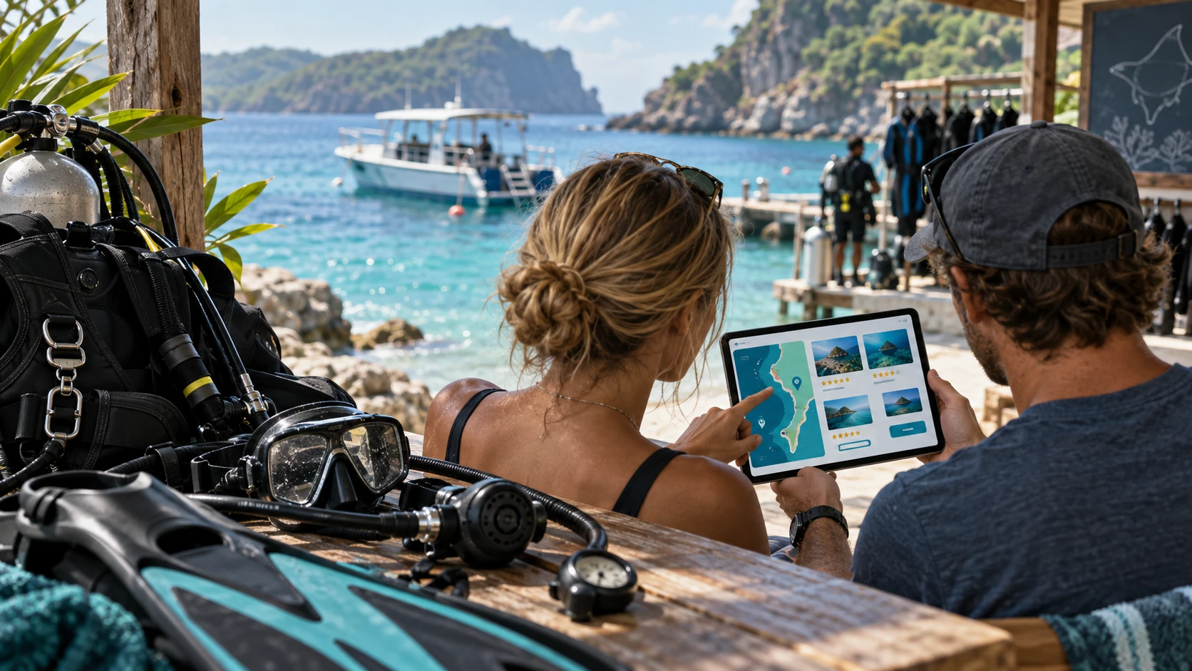 Two divers comparing dive center options on a tablet beside scuba gear at a waterfront.