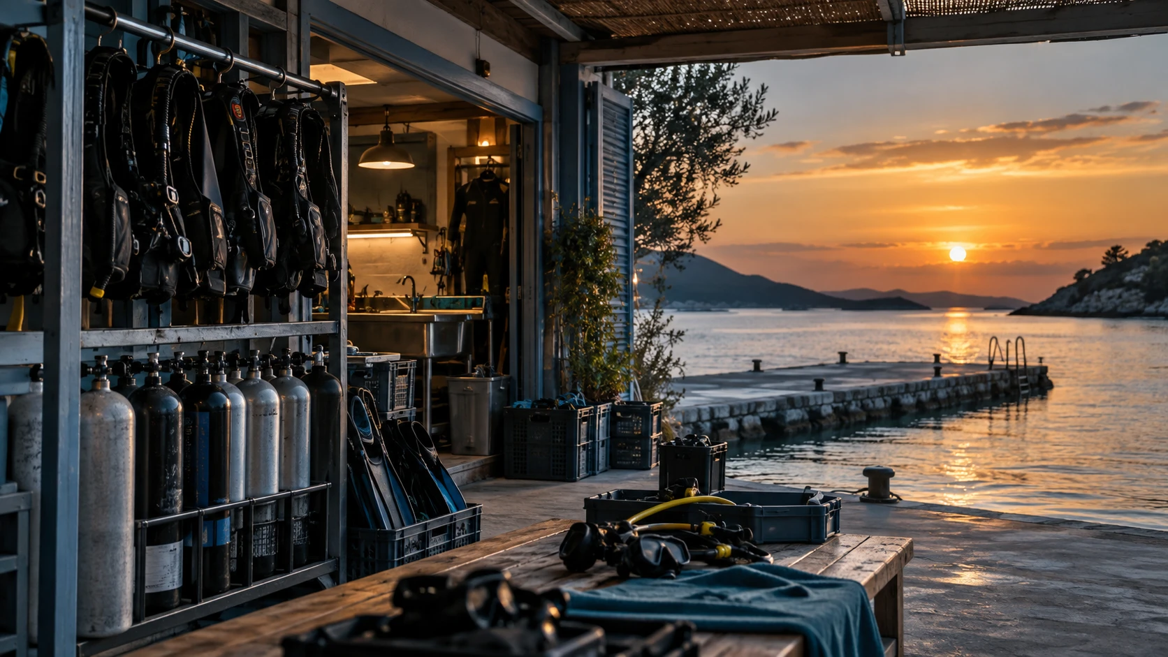 Dive center prepared for a seasonal closure and reopening beside a calm coastal mooring.