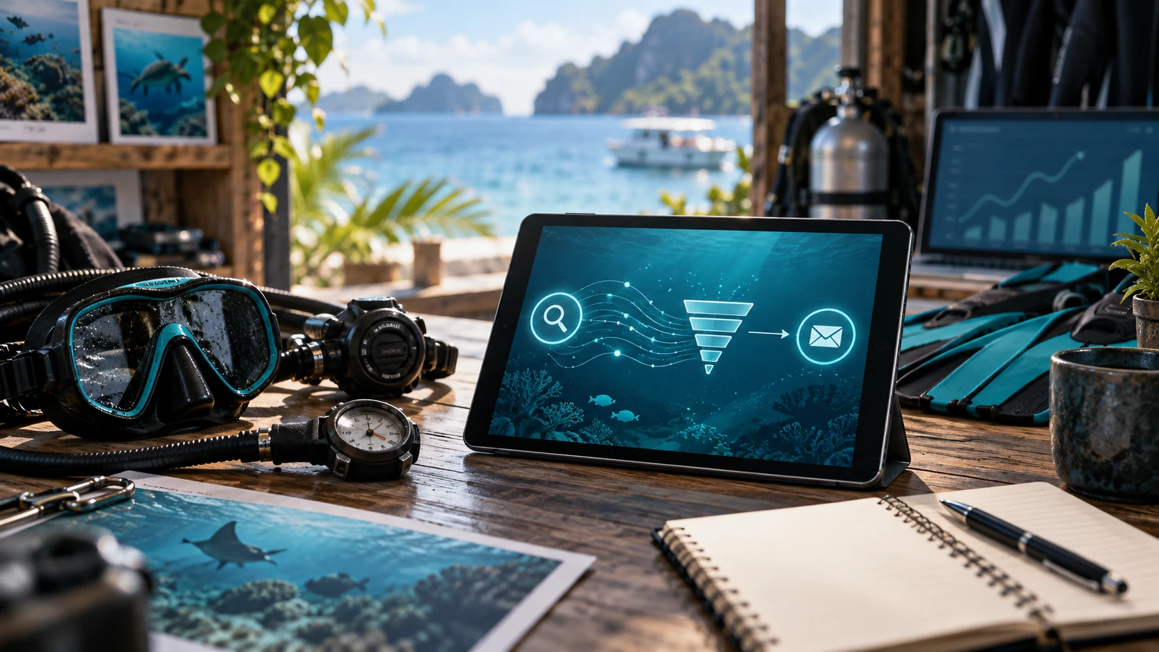 Tablet showing a search-to-enquiry funnel on a dive center desk with scuba gear and a coastal view.