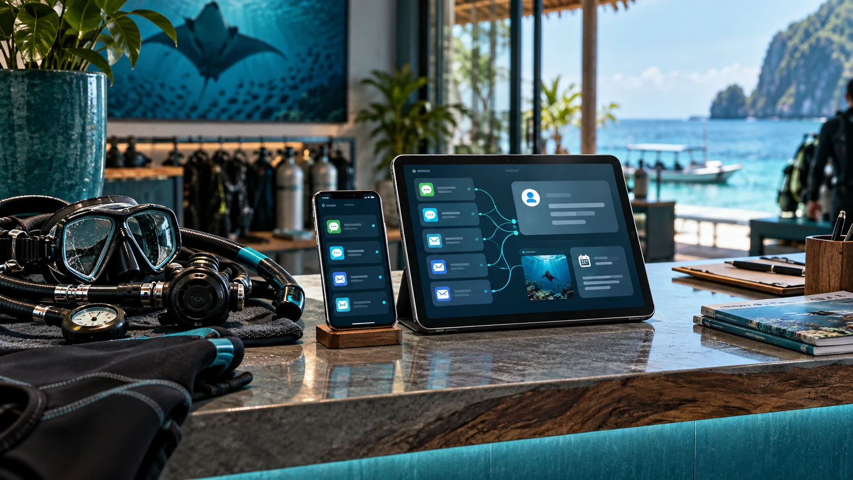 Phone and tablet displaying connected guest messages on a dive center counter beside scuba equipment.