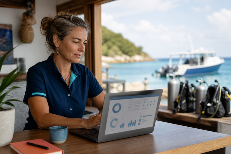 Dive resort manager reviewing guest feedback beside a window overlooking a dive boat and shoreline