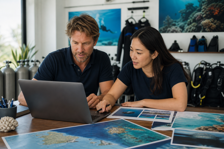 Dive school owner and content editor reviewing multilingual course pages on a laptop beside scuba equipment