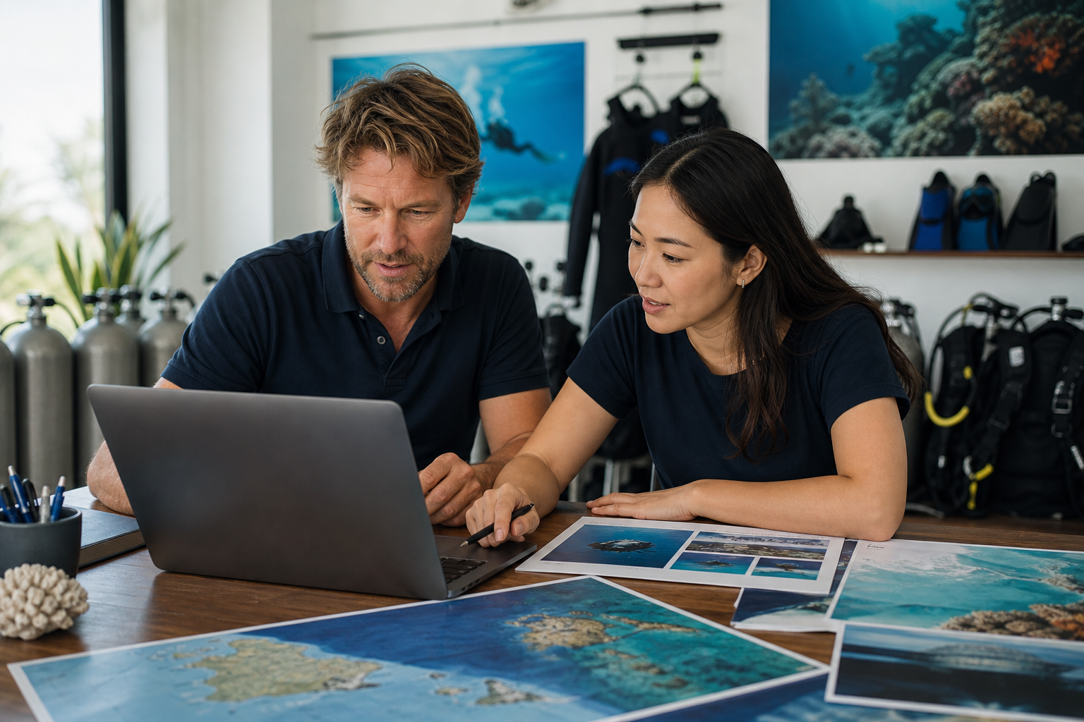 Dive school owner and content editor reviewing multilingual course pages on a laptop beside scuba equipment