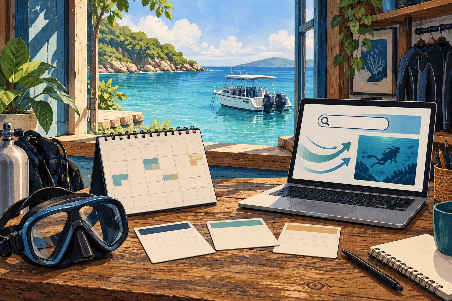 Illustration of a dive-center desk with a booking calendar, diving mask and advertising laptop beside the sea.